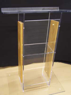 ACRYLIC LECTERN "H" STYLE WITH SHELF & WOOD SIDE PANELS