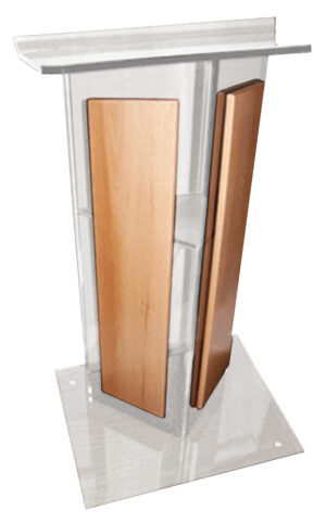 ACRYLIC LECTERN "V" STYLE WITH SHELF & WOOD SIDE PANELS