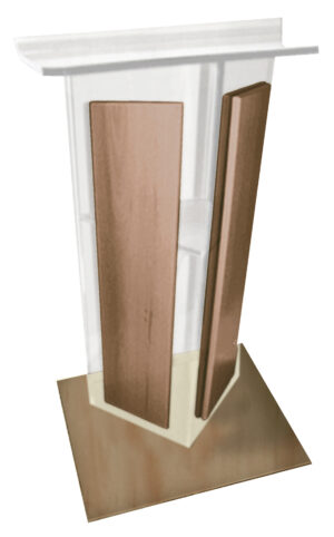 ACRYLIC LECTERN "V" STYLE WITH SHELF & WOOD SIDE & BASE PANELS